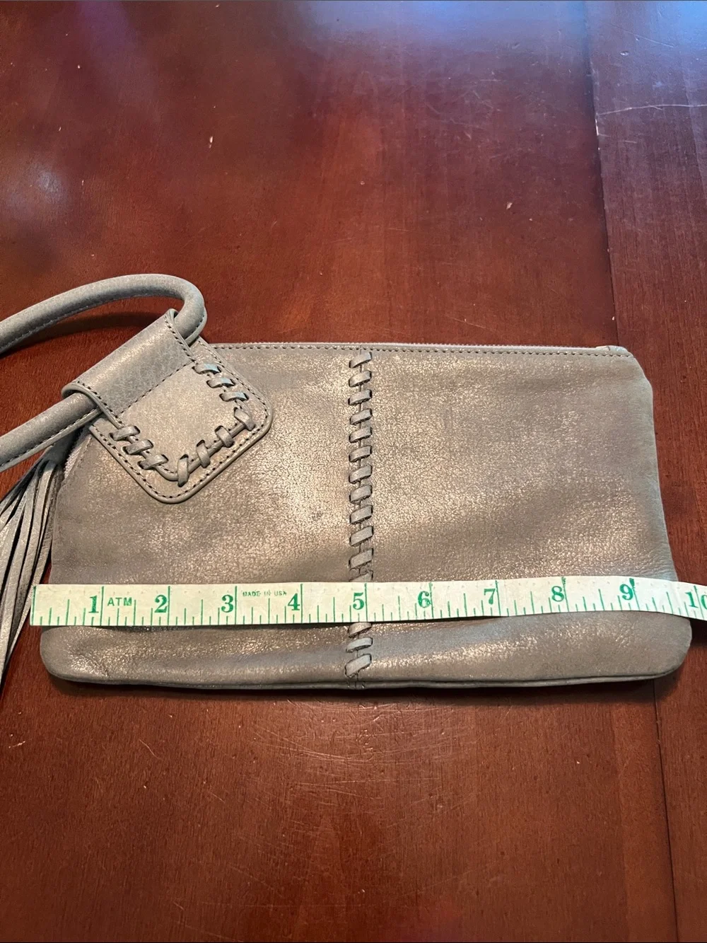 HOBO Metallic Silver Wristlet Clutch with Tassel